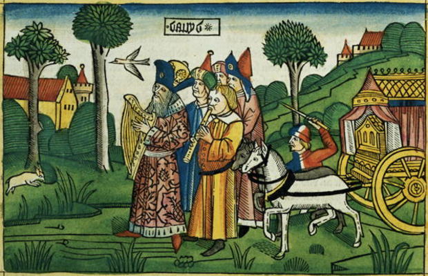 2 Samuel 6 1-5 David brings the Ark to Jerusalem (coloured woodcut) from German School, (15th century)