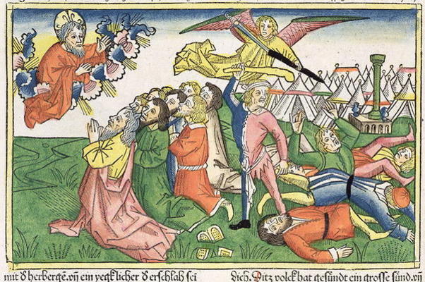 Exodus 32 15-23 Moses breaking the stone tablets (coloured woodcut) from German School, (15th century)