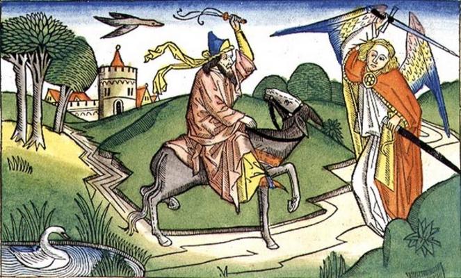 Numbers 22 20-35 Balaam's talking ass (coloured woodcut) from German School, (15th century)