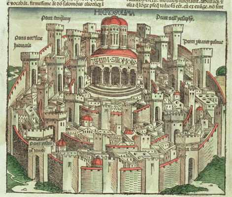 View of the walled city of Jerusalem showing the Temple of Solomon and the city gates, from the Nure from German School, (15th century)