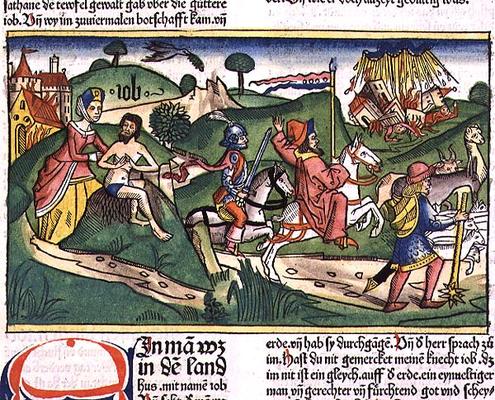 Facsimile copy of Job: Frontispiece, Job being scolded by his wife, his house and family destroyed b from German School, (15th century) (after)