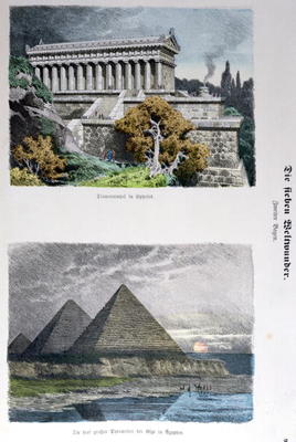 Temple of Diana at Ephesus and the Pyramids of Giza, from a series of the 'Seven Wonders of the Worl from German School, (19th century)