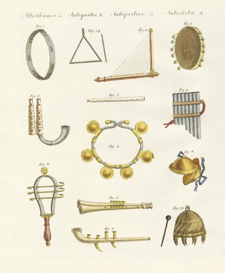 Musical instruments of the ancients -- whistles, rattles and cymbals from German School, (19th century)