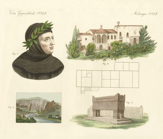 Petrarca, His flat in Arqua, His tomb together with a view of Vaucluse from German School, (19th century)