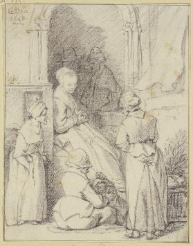 Eine Frau sitzt mit einem Kinde auf der Erde unter dem Portal eines Hauses, dabei drei Frauen und zw