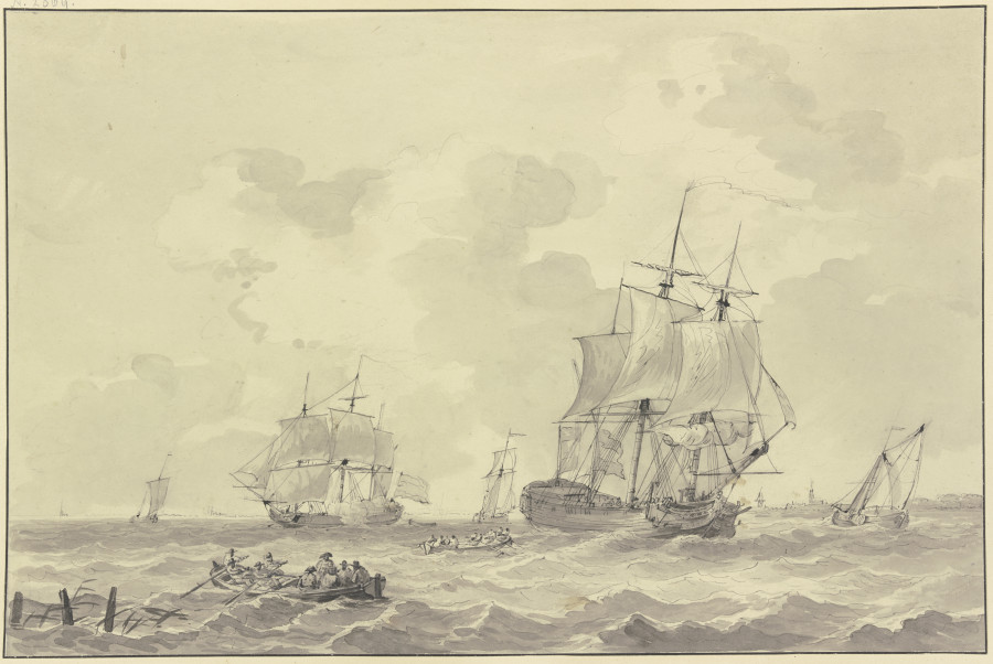 Schiffe bei bewegter See, eines löst eine Kanone, vorne zwei Ruderboote from Gerrit Groenewegen