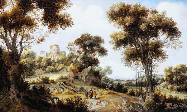 An Extensive Wooded Landscape with Christ on the Road to Emmaus from Gillis Claesz d' Hondecoeter