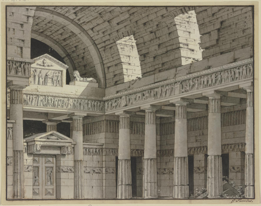 Dorische Säulenhalle mit Rundbogengewölbe und einem Portal mit einer Sphinx from Giorgio Fuentes