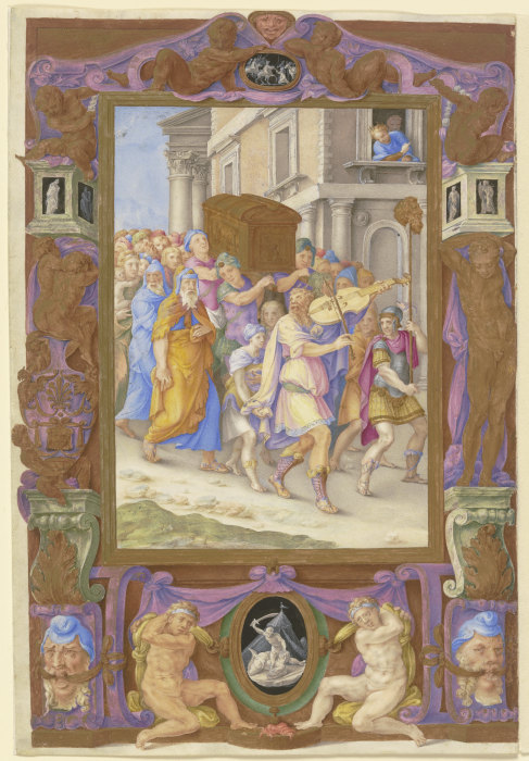 King David Dancing before the Ark of the Covenant, in a Decorative Frame from Giorgio Giulio Clovio