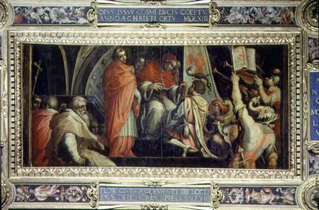 Clement IV (1265-68) delivering arms to the leaders of the Guelph party from the ceiling of the Salo from Giorgio Vasari