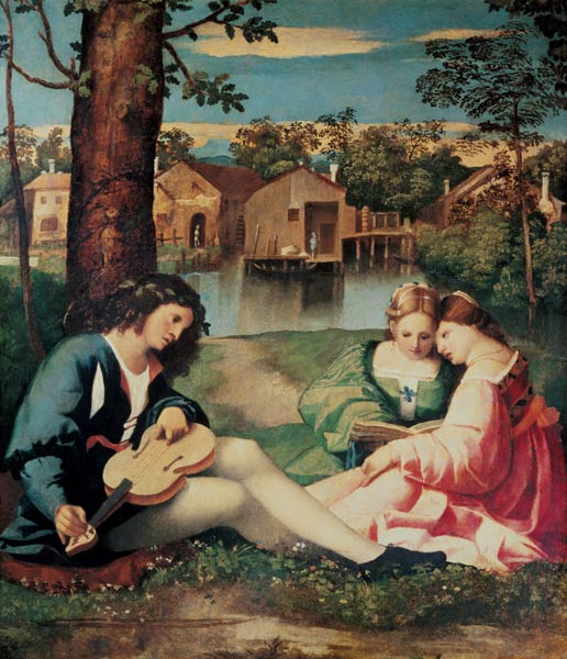 Youth with a guitar and two girls sitting on a river bank from Giorgione (aka Giorgio Barbarelli or da Castelfranco)