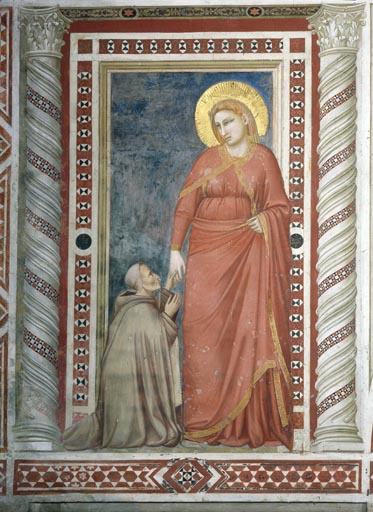 Der Bischof Teobaldo Pontano im Pilgergewand vor der hl. Maria Magdalena kniend from Giotto (Schule)