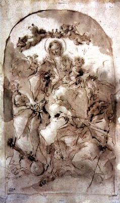 Virgin and Child with St. Dominic, St. Theresa and St. Coribian, c.1745 (brown wash over red chalk) from Giovanni Antonio Guardi