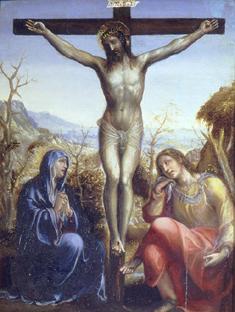 Christus am Kreuz mit Maria und Johannes dem Evangelisten