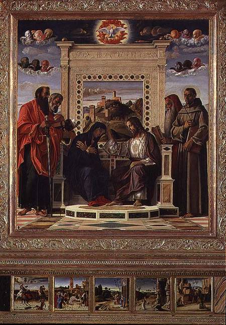 Coronation of the Virgin with SS. Paul, Peter, Jerome and Francis of Assisi with scenes from the liv from Giovanni Bellini