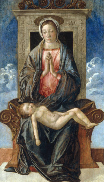 Bellini, Giovanni c.1430 - 1516. ''Enthroned Madonna, worshipping the sleeoing Child'', c.1470/73. O from Giovanni Bellini