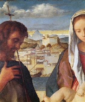 Madonna and Child with St.John the Baptist and a Saint, detail of the background waterside city, c.1