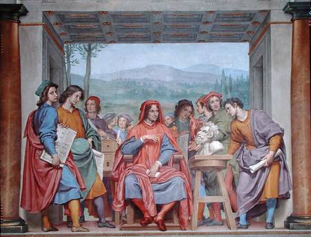 Lorenzo de' Medici (1449-92) surrounded by artists, admiring Michelangelo's 'Faun' from Giovanni (da San Giovanni) Mannozzi