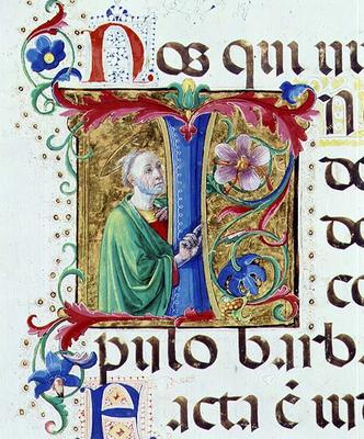 Ms 542 f.44v Historiated initial 'I' depicting a male saint from a psalter written by Don Appiano fr from Giovanni di Guiliano Boccardi