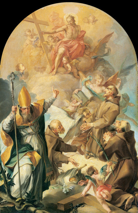 Three Capuchin Saints and a Bishop Worshipping Christ and the Cross from Giovanni Lanfranco