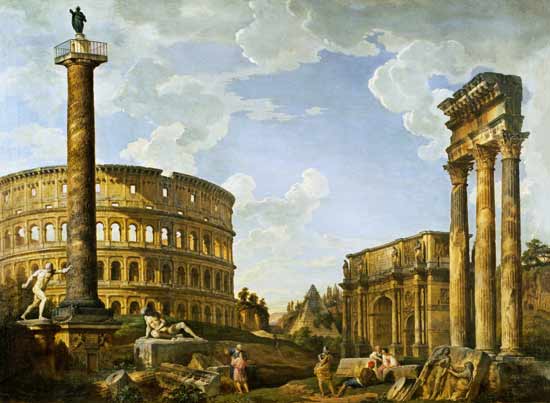 Roman Capriccio Showing the Colosseum, Borghese Warrior, Trajan's Column, the Dying Gaul, Tomb of Ce from Giovanni Paolo Pannini
