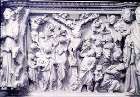 Crucifixion scene: detail of relief from the top of the hexagonal pulpit designed