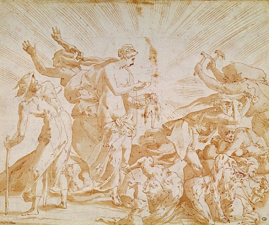 Pandora opening the box (pen, ink & wash on paper) from Giovanni Battista Rosso Fiorentino