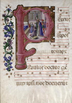 Historiated initial 'P' depicting the Baptism of Constantine (c.274-337) from a Lombardian antiphona from Girolamo  da Cremona