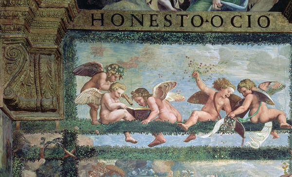 The Rustic Banquet, detail of putti making music, from the Sala di Amore e Psiche from Giulio Romano