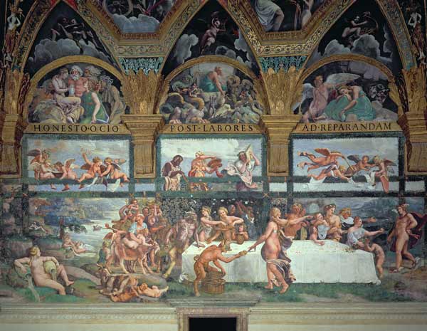 The Rustic Banquet celebrating the marriage of Cupid and Psyche, with the three lunettes above depic from Giulio Romano