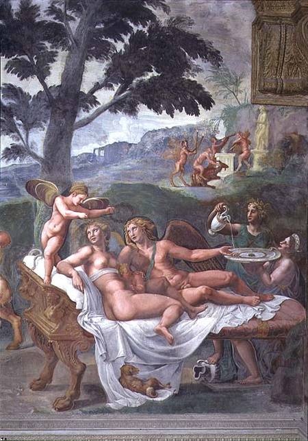 Cupid and Psyche with their daughter Voluptuousness, waited on by Ceres who pours water into a basin from Giulio Romano