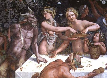 Two Horae scattering flowers, watched by two satyrs, detail of the rustic banquet celebrating the ma from Giulio Romano