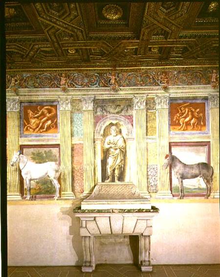 Sala dei Cavalli with trompe l'oeil portraits of two horses, the god Jupiter and imitation bronze pa from Giulio Romano