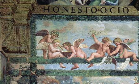 The Rustic Banquet, detail of putti making music, from the Sala di Amore e Psiche