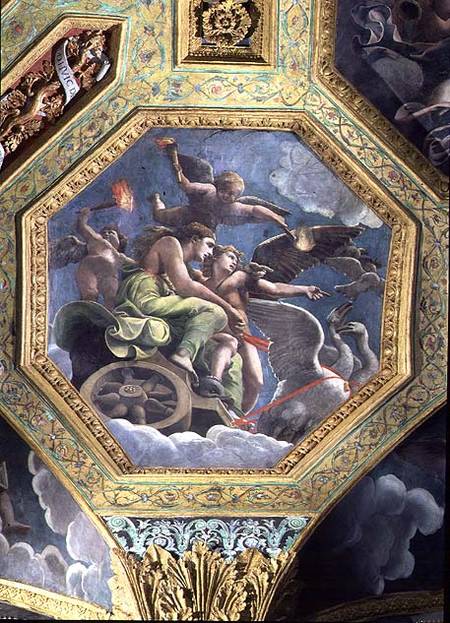 Venus and Cupid in a chariot drawn by swans, ceiling caisson from the Sala di Amore e Psiche from Giulio Romano