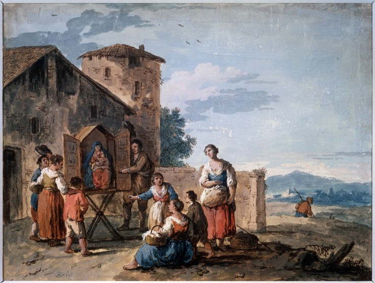 A group of peasants before the tabernacle with the Standing Madonna statue from Giuseppe Zais