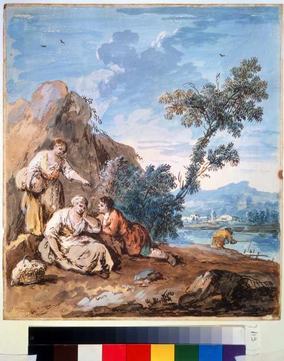 Three peasants resting on a river bank from Giuseppe Zais