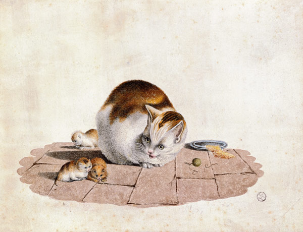 Cat mother with three boys at a food plate from Gottfried Mind