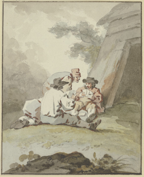 Vier Männer vor einer Hütte am Boden sitzend oder hockend beim Kartenspiel from Gottlieb Welté