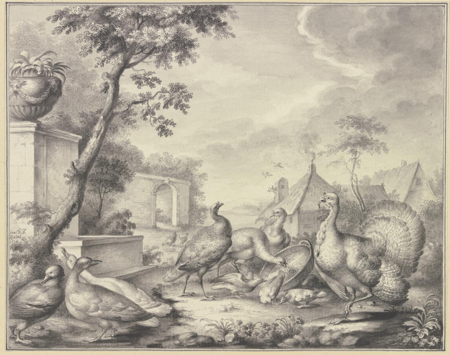 Truthahn und Tauben bei der Fütterung, links drei Enten from Gottlieb Friedrich Riedel