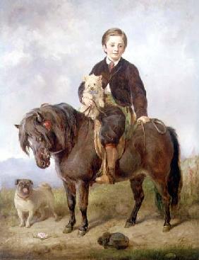 John Samuel Bradford as a boy seated on a shetland pony with a pug dog