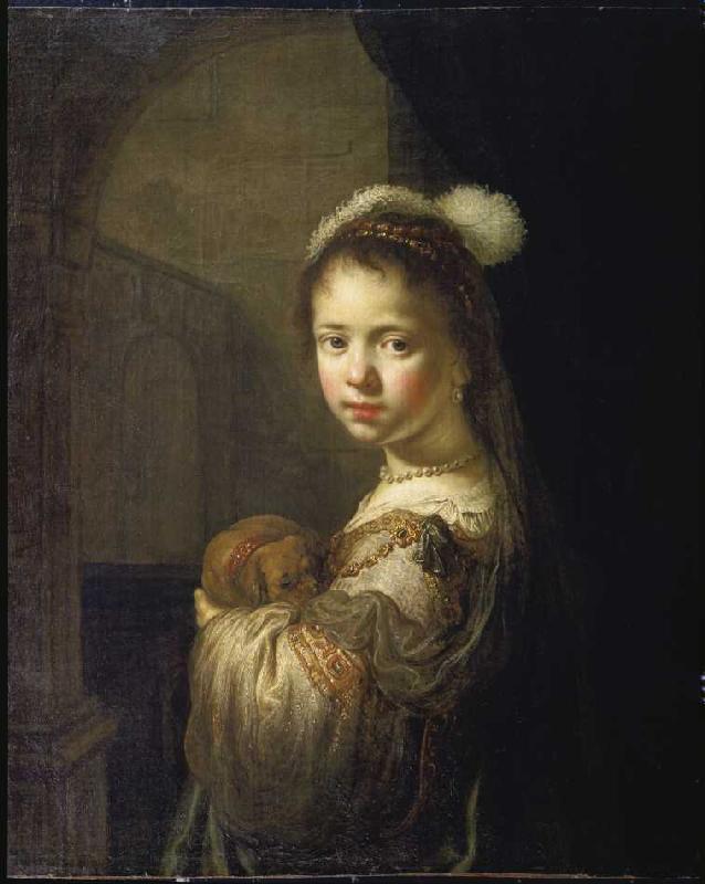 Girl with a little dog in the arm. from Govaert Flinck