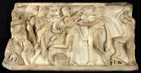 Fragment of a sarcophagus depicting satyrs and a maenad from Greek