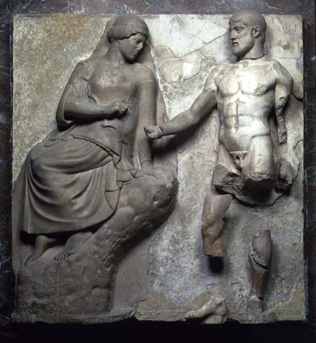 Hercules and Minerva, one of a series of metopes depicting the Labours of Hercules from the Temple o from Greek School