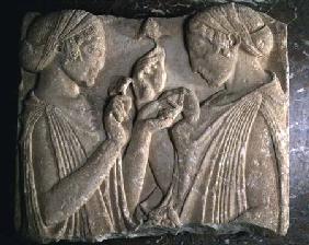 The Stele of Pharsalos depicting the glorifying of the flower, two girls face to face carrying flowe