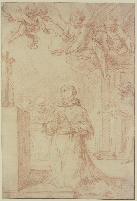 Betender Heiliger vor einem Altar von Engeln gekrönt from Guido Reni