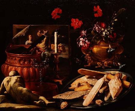 Still Life with Flowers in a Gilt Urn, a Painting and Cakes on a Salver from Guiseppe Recco