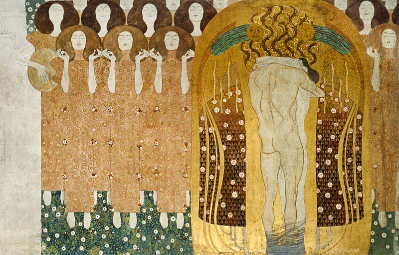 Here's a Kiss to the Whole World!, detail of the Beethoven Frieze, 1902 (casein, gold leaf, semi-pre from Gustav Klimt