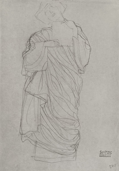 Robed Standing Woman Holding Card, cil on brown from Gustav Klimt