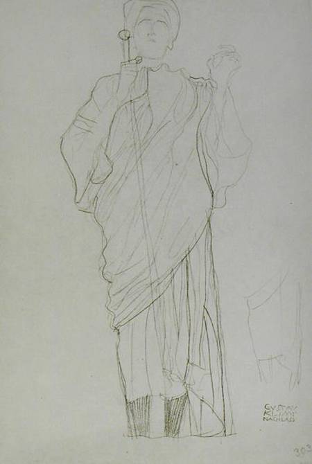 Standing Woman Holding Sword, cil on brown from Gustav Klimt